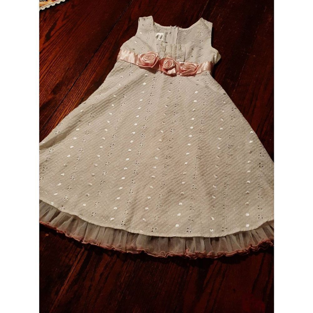 Size 8 Bonnie Jean White Eyelet and Pink Rosettes At Waist Tulle Trim Dress